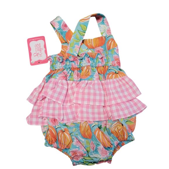 Ricrac & Ruffles Baby Girl Pumpkin Floral Bubble Romper Size 3-6M Thanksgiving - Picture 3 of 13